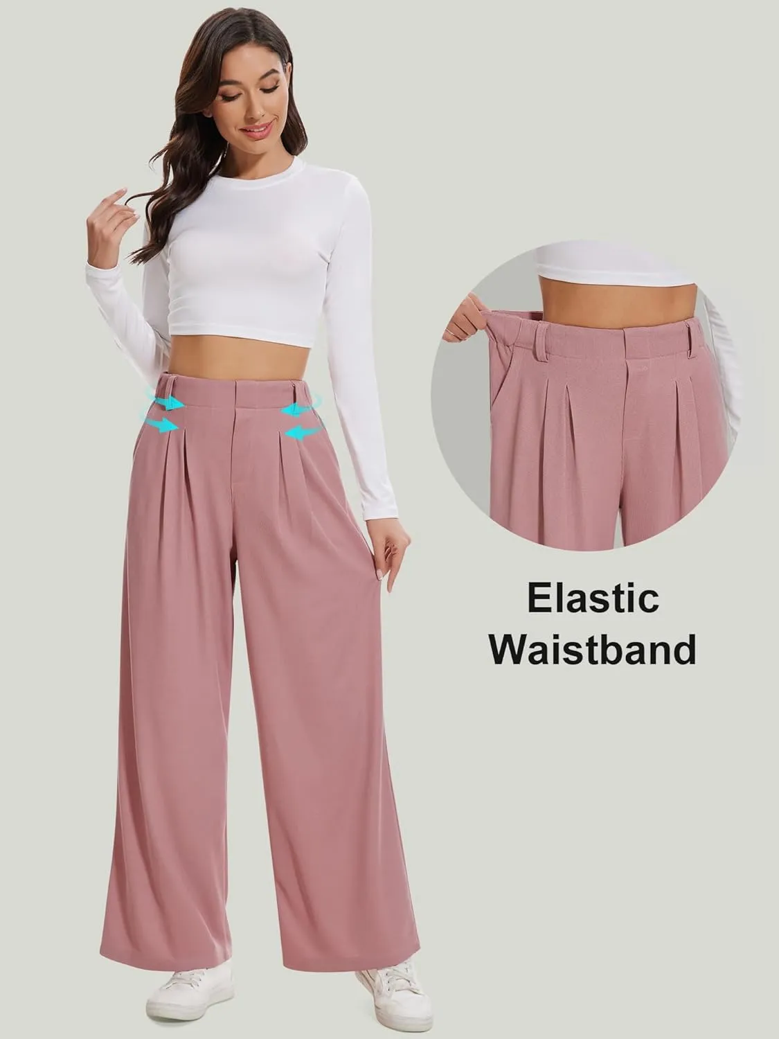 AVAMO Wide Leg Business Casual Pants Stretchy Work Pants High Waisted Slacks for Women Waffle Trousers with Pockets