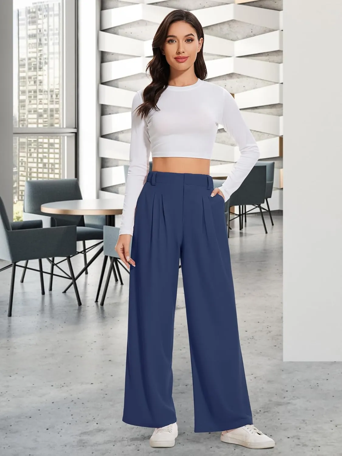 AVAMO Wide Leg Business Casual Pants Stretchy Work Pants High Waisted Slacks for Women Waffle Trousers with Pockets
