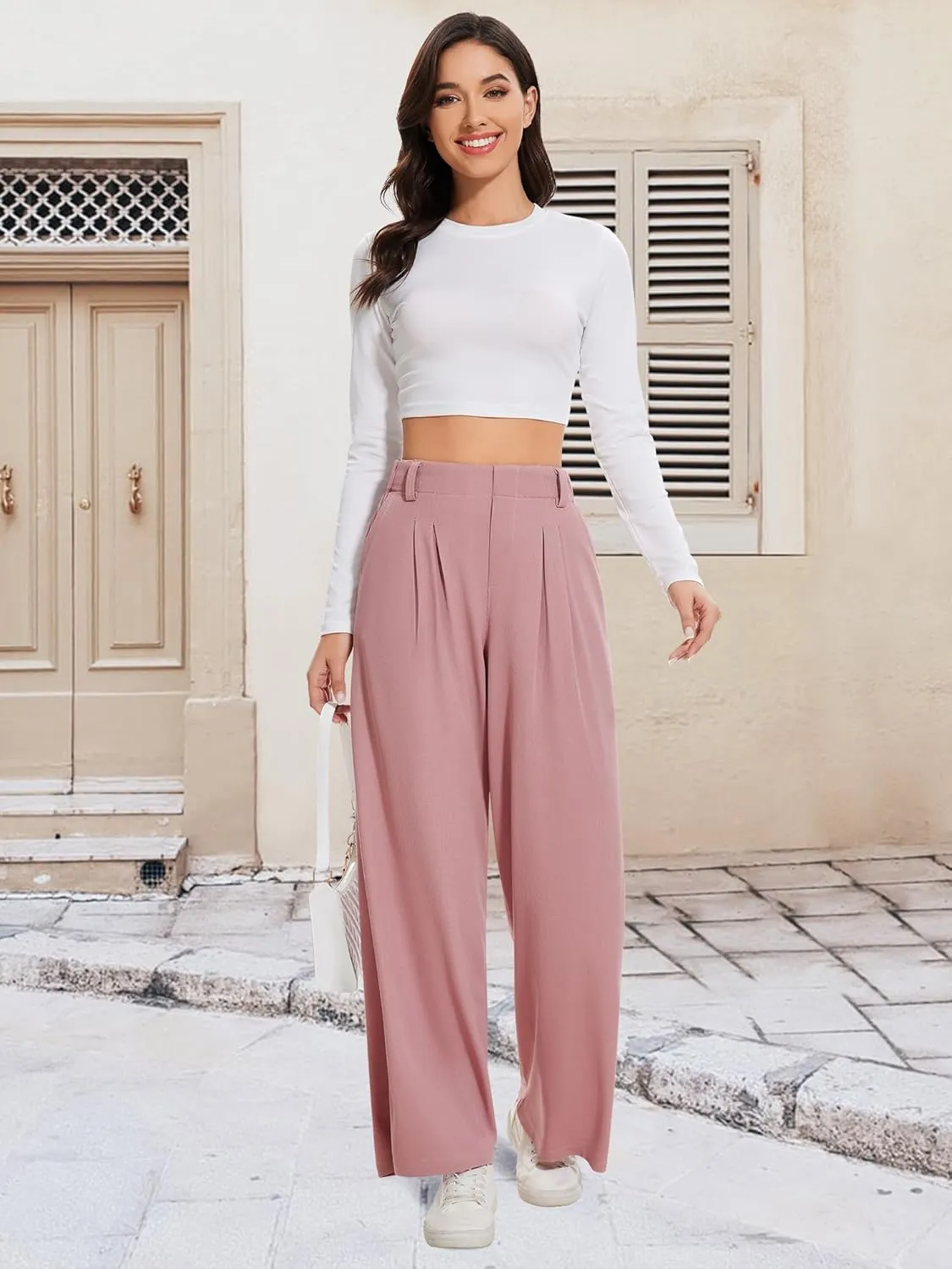 AVAMO Wide Leg Business Casual Pants Stretchy Work Pants High Waisted Slacks for Women Waffle Trousers with Pockets