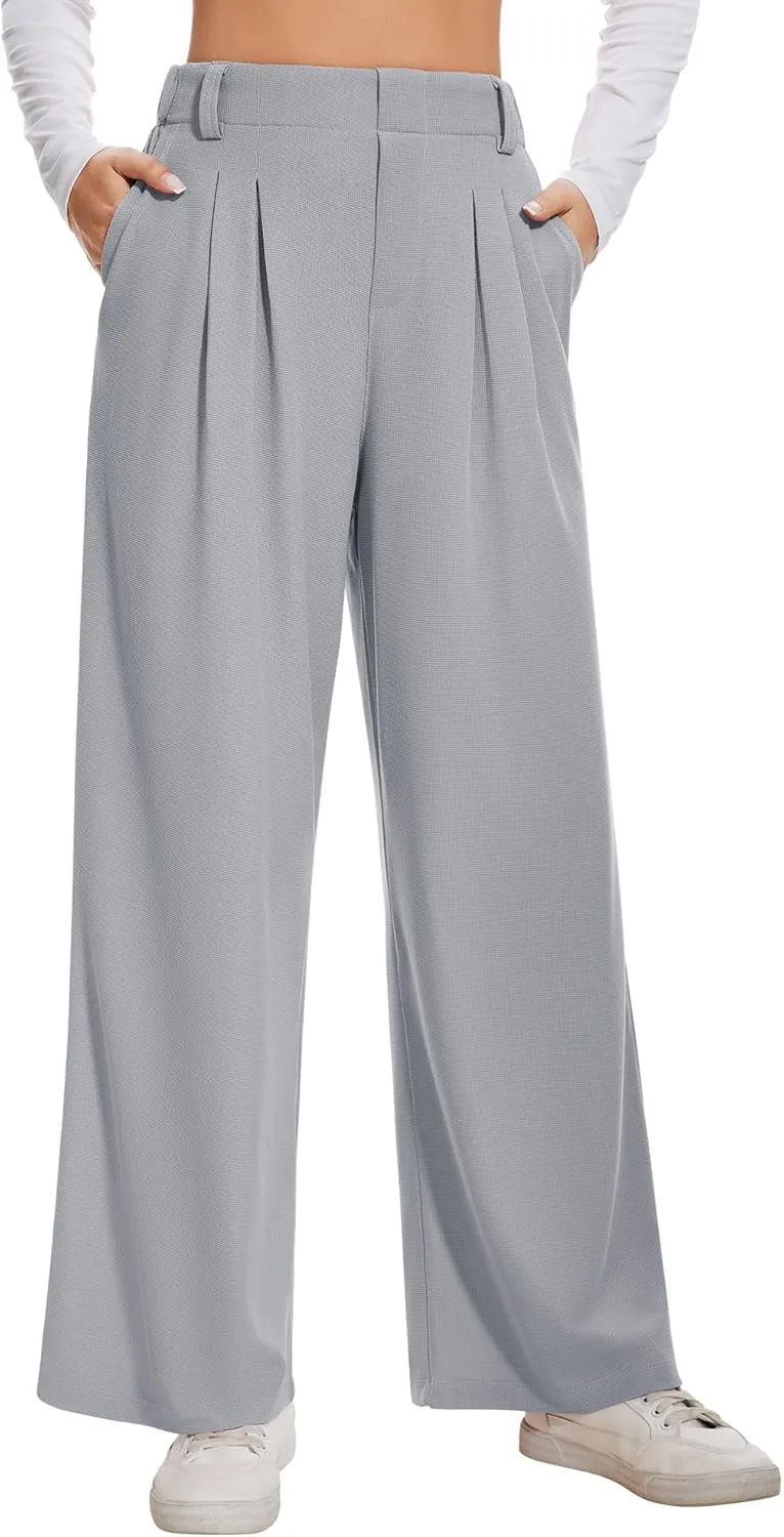 AVAMO Wide Leg Business Casual Pants Stretchy Work Pants High Waisted Slacks for Women Waffle Trousers with Pockets