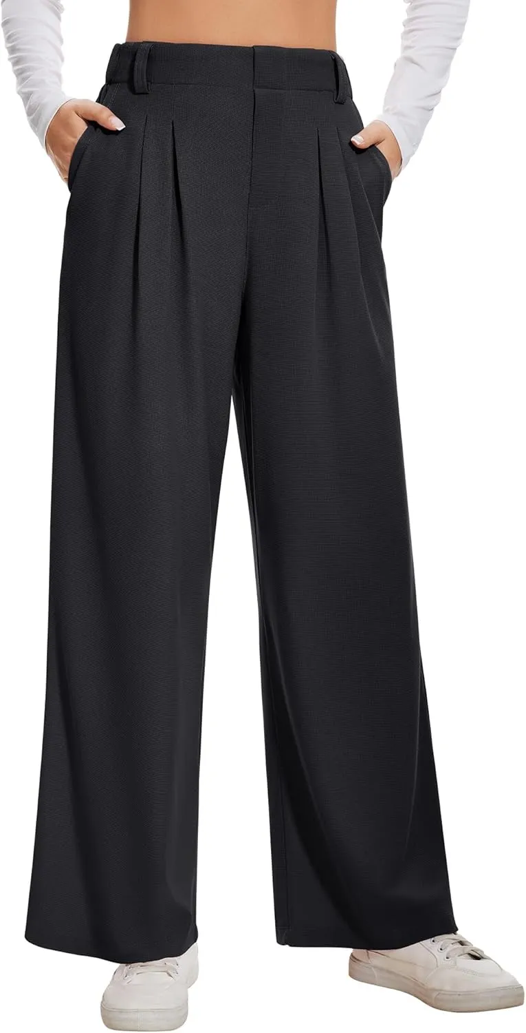 AVAMO Wide Leg Business Casual Pants Stretchy Work Pants High Waisted Slacks for Women Waffle Trousers with Pockets