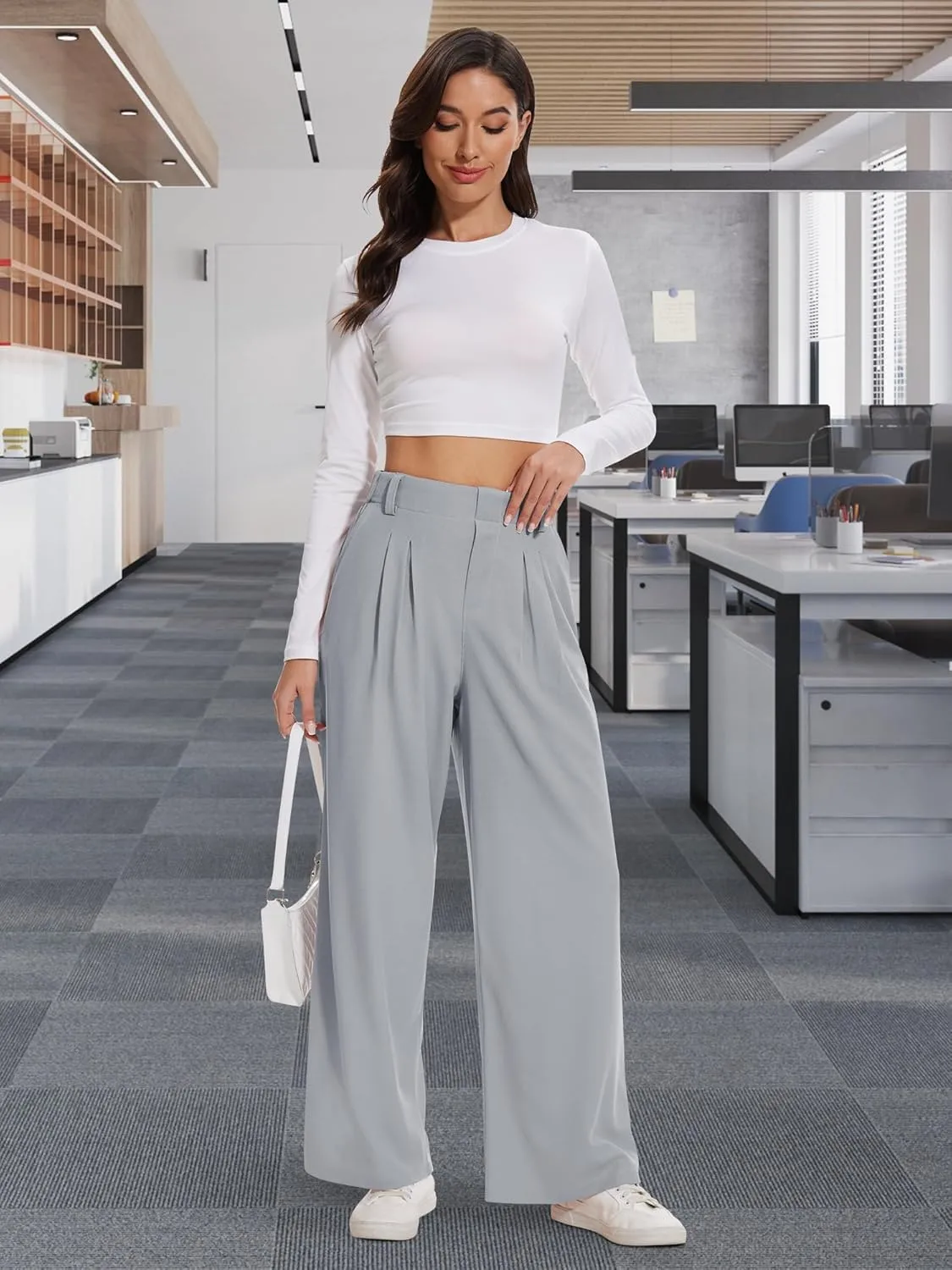 AVAMO Wide Leg Business Casual Pants Stretchy Work Pants High Waisted Slacks for Women Waffle Trousers with Pockets