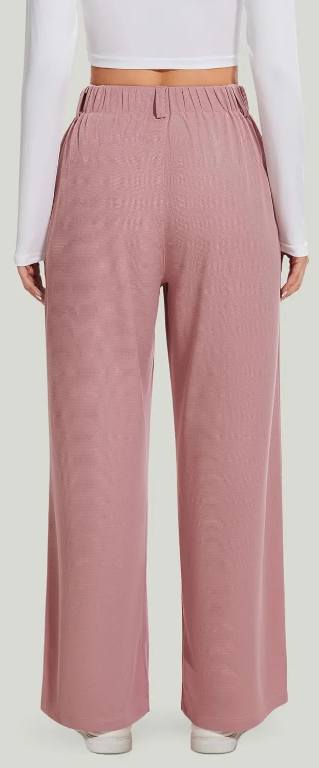 AVAMO Wide Leg Business Casual Pants Stretchy Work Pants High Waisted Slacks for Women Waffle Trousers with Pockets