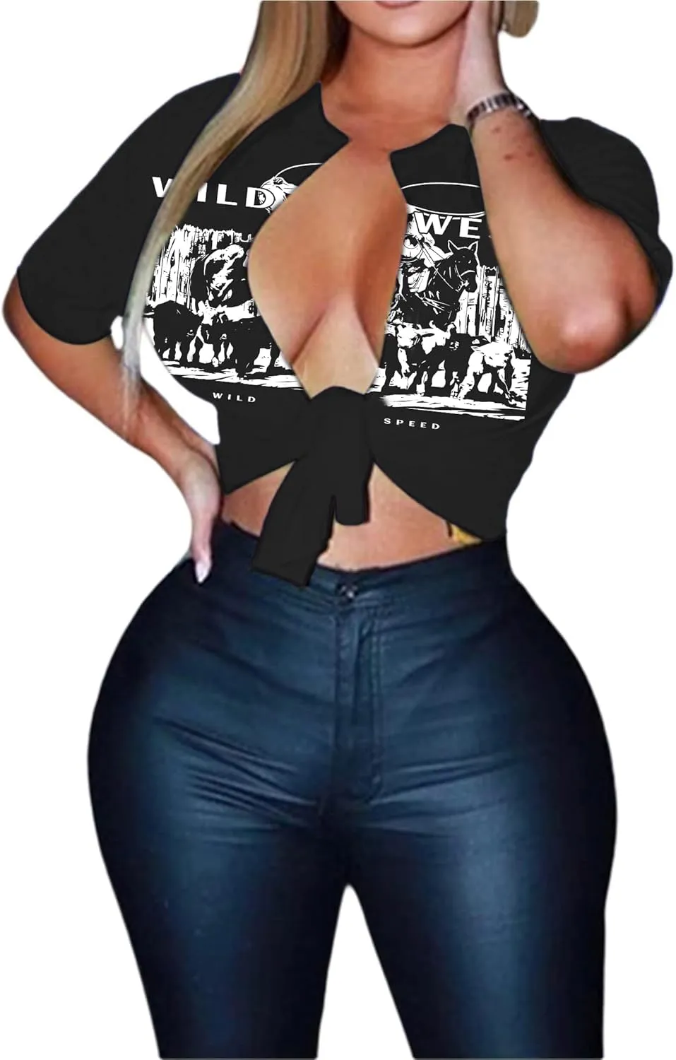 Avanova Women Sexy Tie Front Crop Tops Short Sleeve Summer Casual Club Tee Shirt