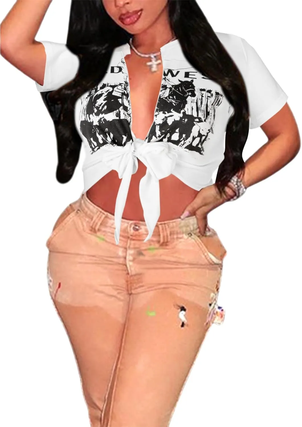 Avanova Women Sexy Tie Front Crop Tops Short Sleeve Summer Casual Club Tee Shirt