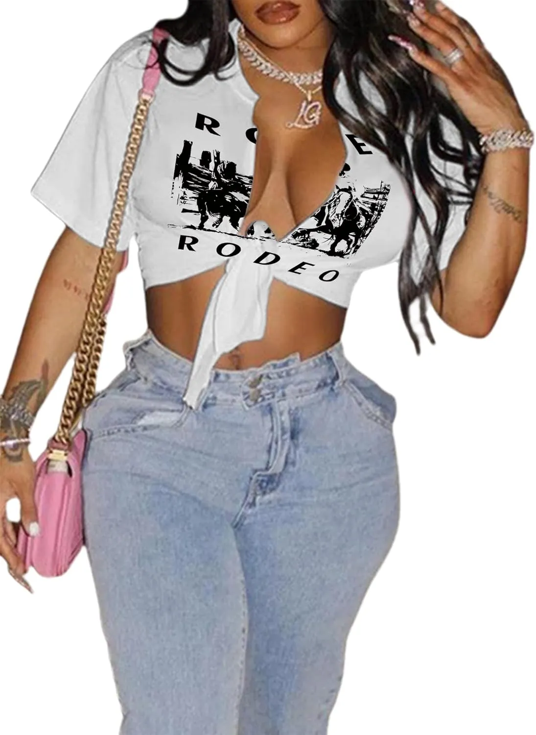Avanova Women Sexy Tie Front Crop Tops Short Sleeve Summer Casual Club Tee Shirt