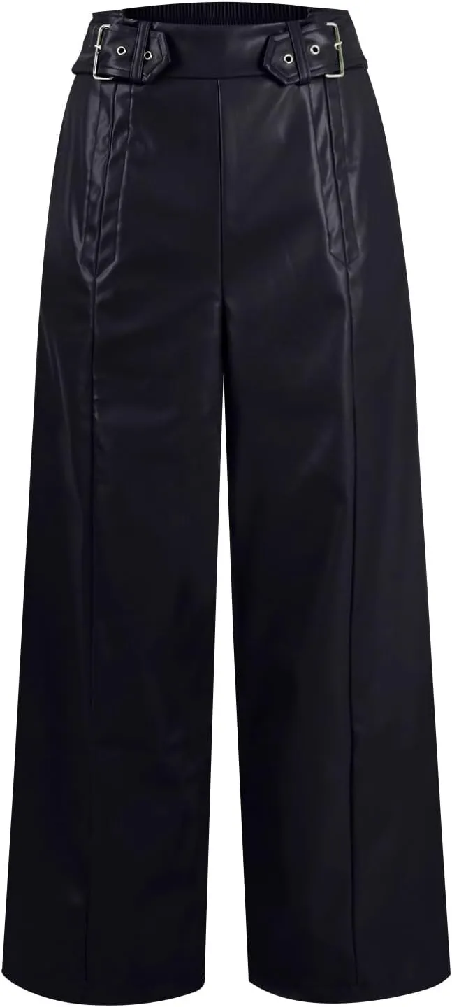 Azeralia Wide Leg Pants Woman Leather Pants High Waist Wide Leg Flared Pants Casual Loose Trousers