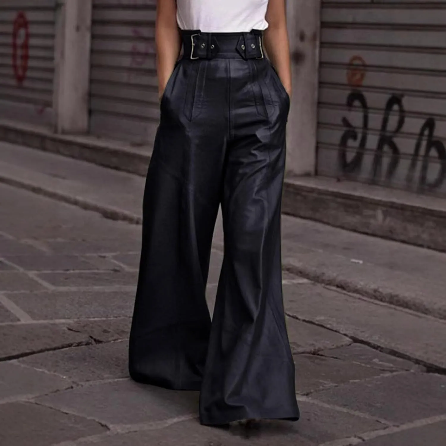 Azeralia Wide Leg Pants Woman Leather Pants High Waist Wide Leg Flared Pants Casual Loose Trousers