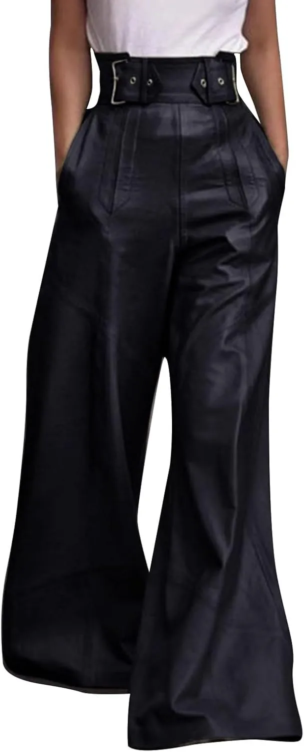 Azeralia Wide Leg Pants Woman Leather Pants High Waist Wide Leg Flared Pants Casual Loose Trousers