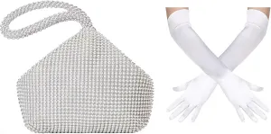 BABEYOND Women's Beaded Clutch Triangle Purse for 1920s Party, Prom, Wedding with Long Satin Opera Gloves Elbow Length