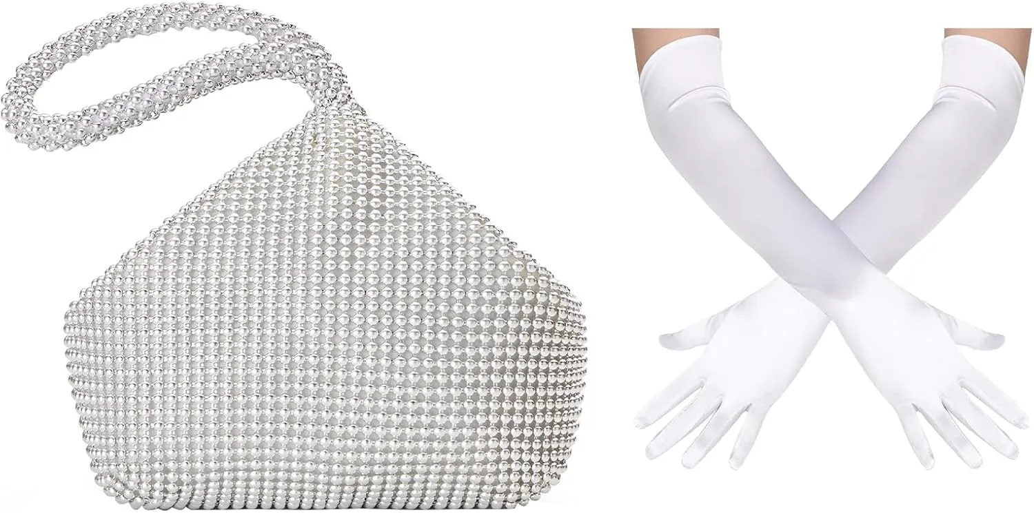 BABEYOND Women's Beaded Clutch Triangle Purse for 1920s Party, Prom, Wedding with Long Satin Opera Gloves Elbow Length