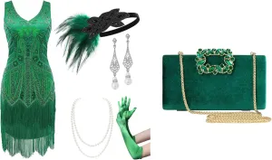 BABEYOND Womens Flapper Dresses Set 1920s V Neck Beaded Fringed Great Gatsby Dress with Accessories Set Clutch Purses for Women Velvet Evening Bag Crystal Embellished Handbag for Bride Party Prom