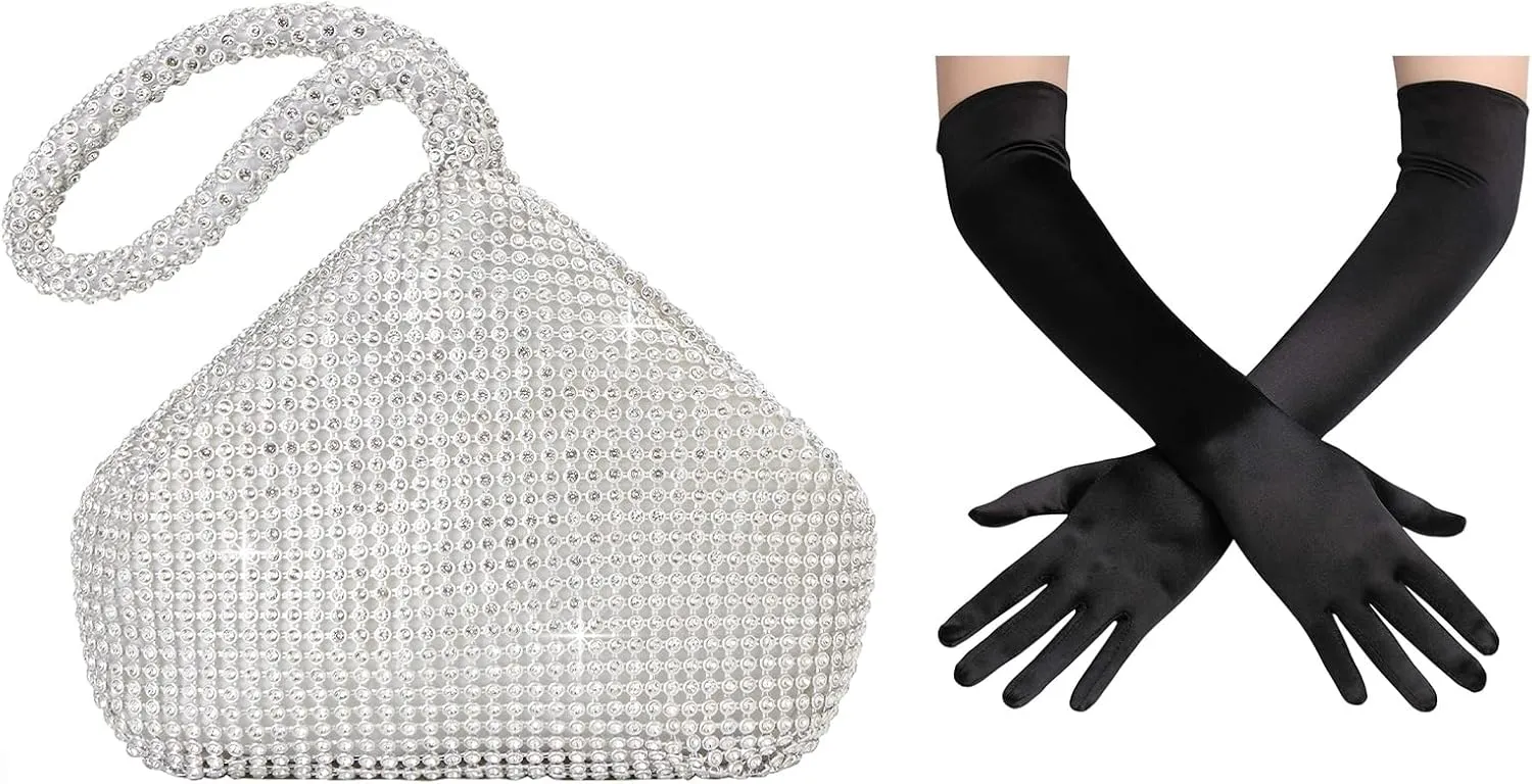 BABEYOND Women's Rhinestone Clutch Evening Bags Sparkly Glitter Triangle Purse Long Satin Opera Gloves Elbow Length for 1920s Party Prom Wedding