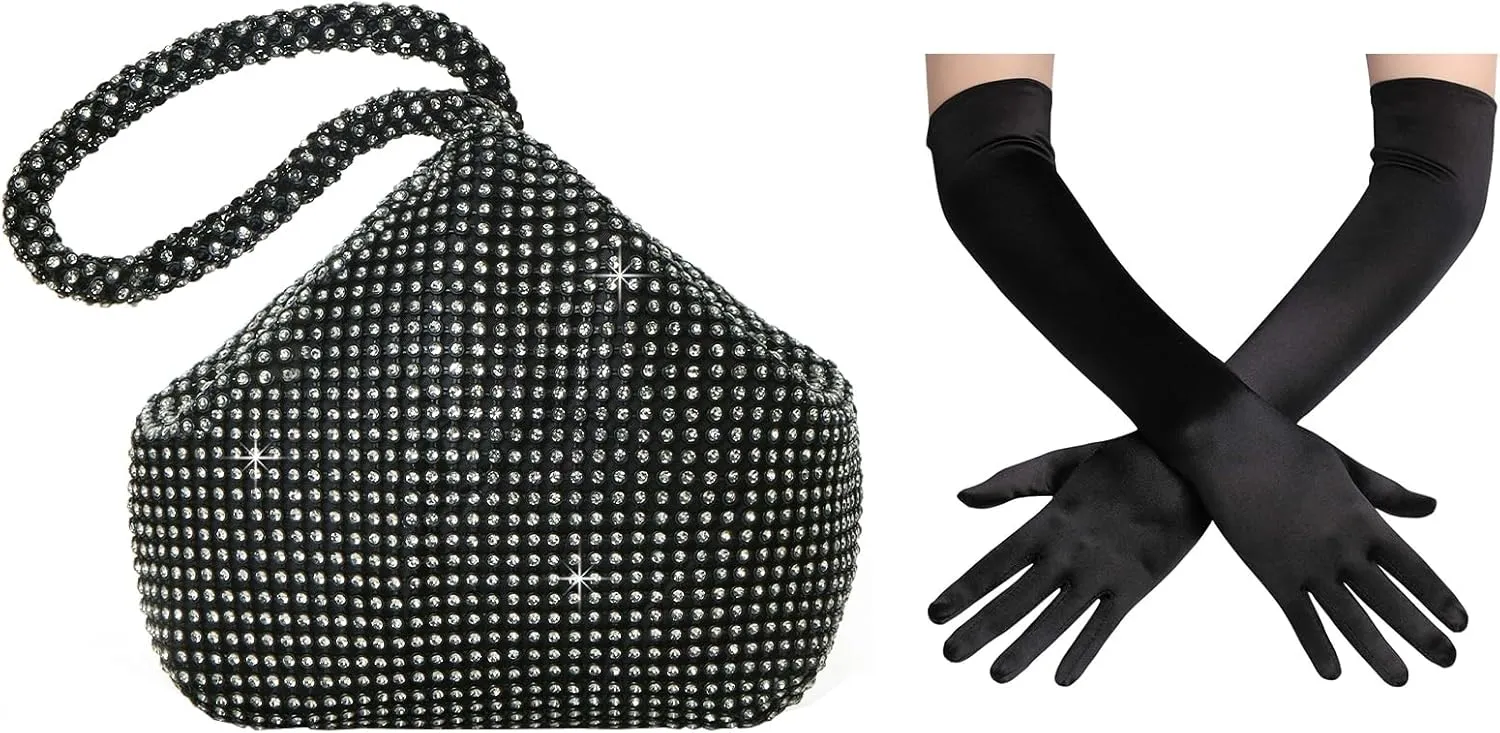 BABEYOND Women's Rhinestone Clutch Evening Bags Sparkly Glitter Triangle Purse Long Satin Opera Gloves Elbow Length for 1920s Party Prom Wedding