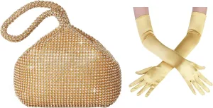 BABEYOND Women's Rhinestone Clutch Evening Bags Sparkly Glitter Triangle Purse Long Satin Opera Gloves Elbow Length for 1920s Party Prom Wedding