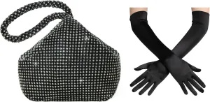 BABEYOND Women's Rhinestone Clutch Evening Bags Sparkly Glitter Triangle Purse Long Satin Opera Gloves Elbow Length for 1920s Party Prom Wedding
