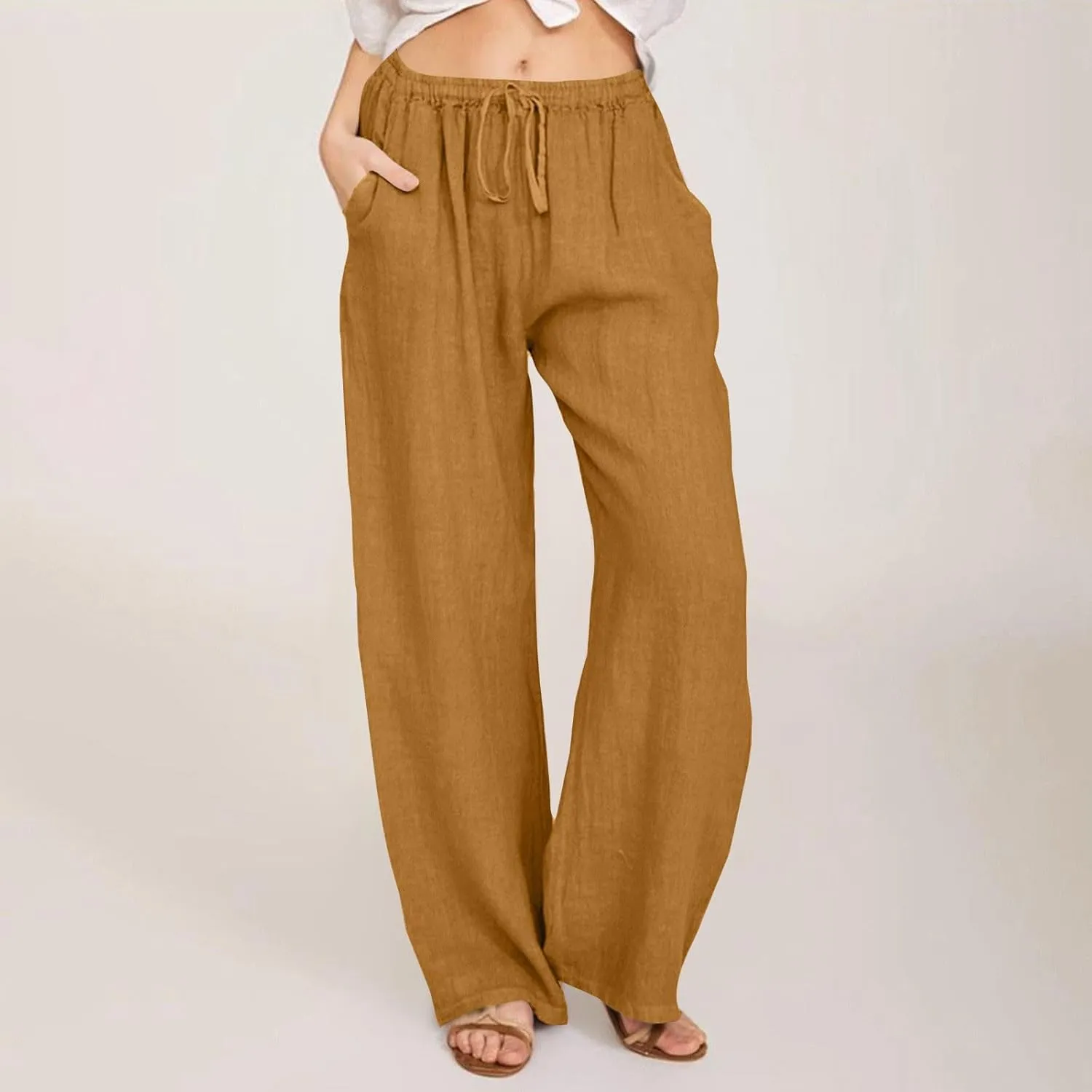 Baggy Linen Pants Women Causal Summer High Waisted Wide Leg Pants Comfy Lightwieght Beach Trousers with Pockets