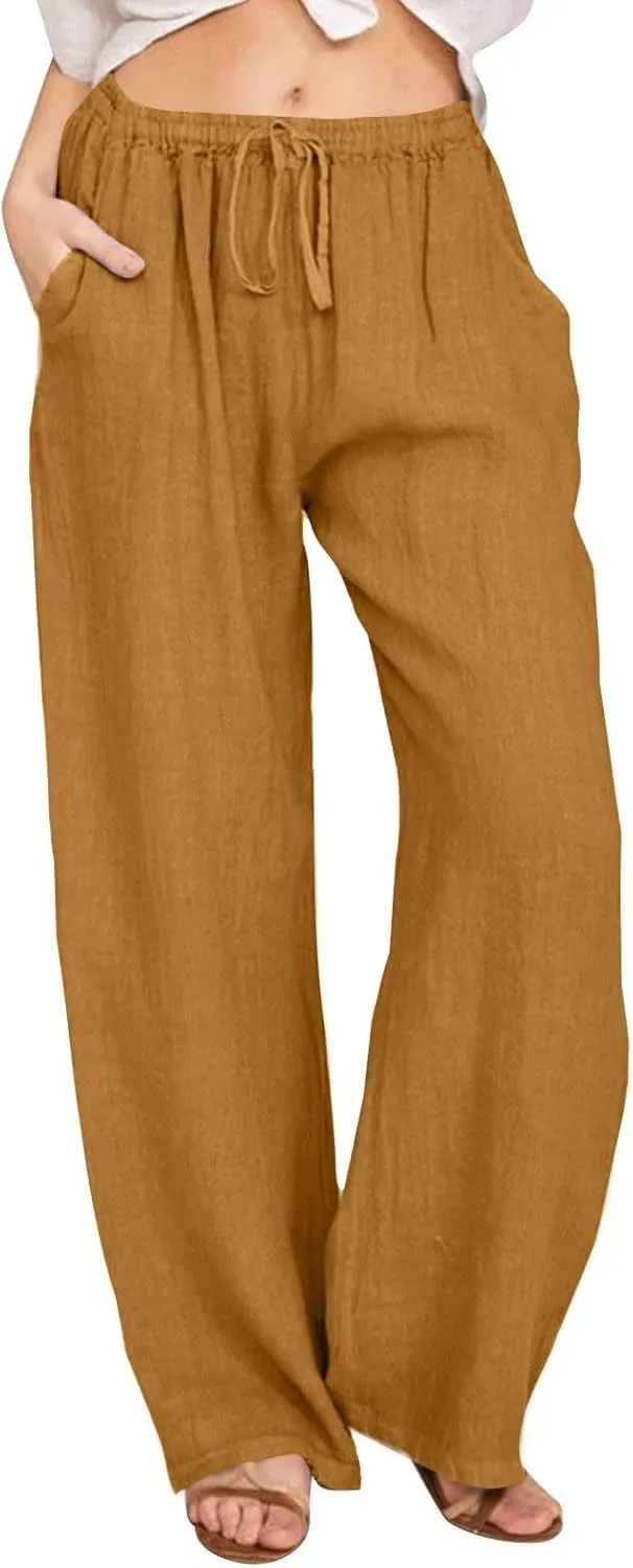 Baggy Linen Pants Women Causal Summer High Waisted Wide Leg Pants Comfy Lightwieght Beach Trousers with Pockets