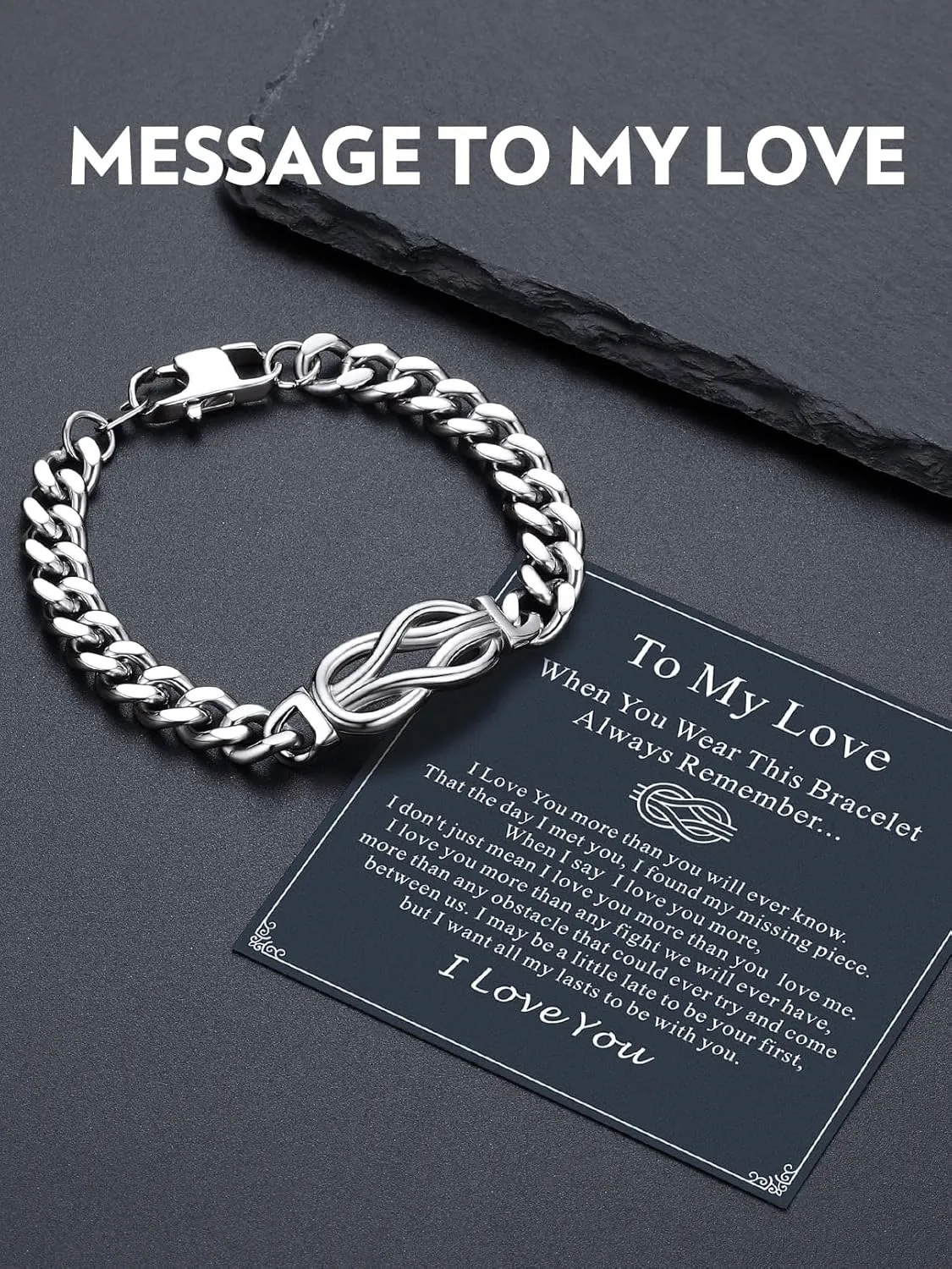 Bandmax Inifinity Love Knot Cuban Link Chain Bracelets for Men Stainless Steel/Black Mens Bracelet with Love Message Card Gift for Son Grandson Husband Father