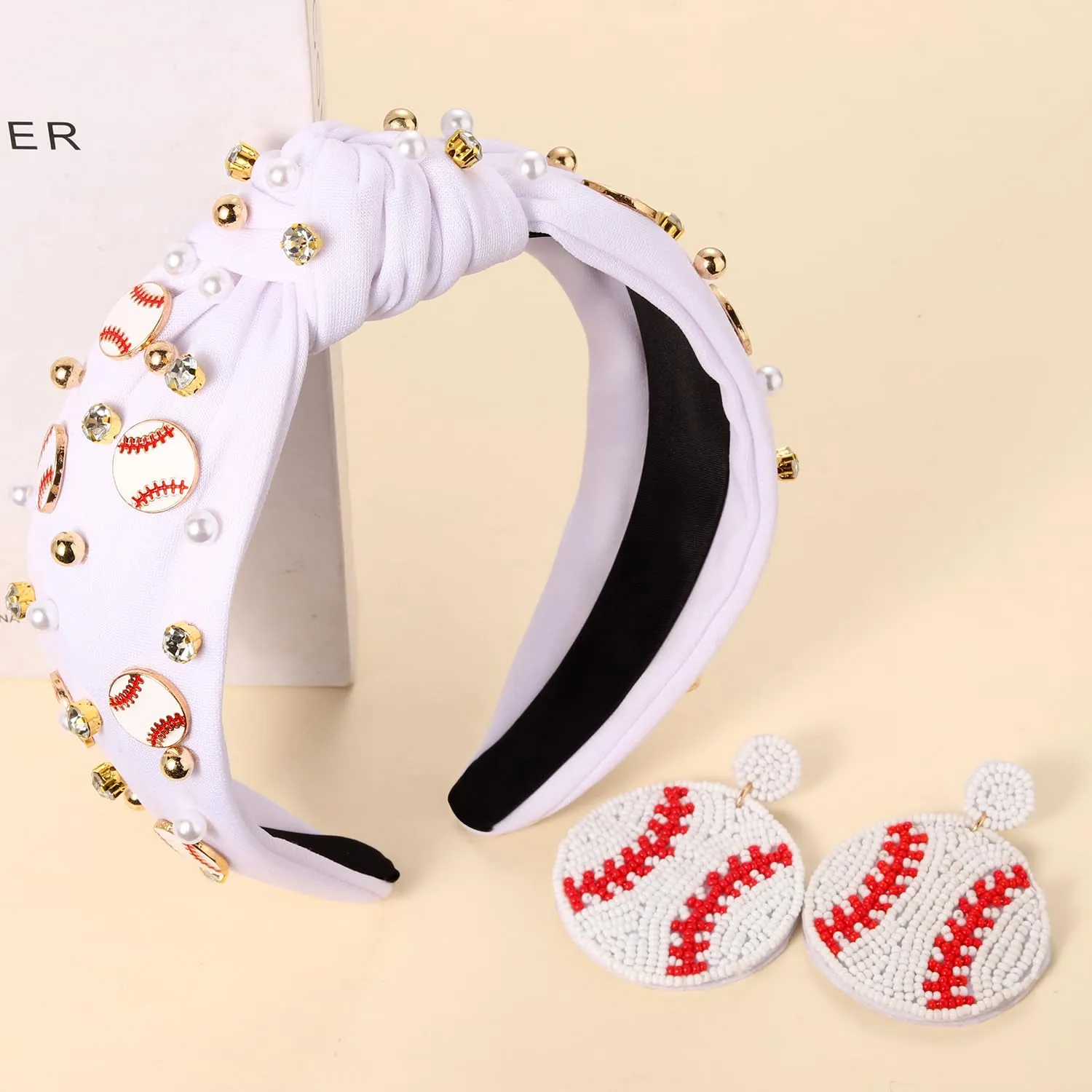 Baseball Headband for Women - Mom Accessories, Enamel Charm Jeweled Rhinestone Knotted Headband for Sports, Game Day Outfits