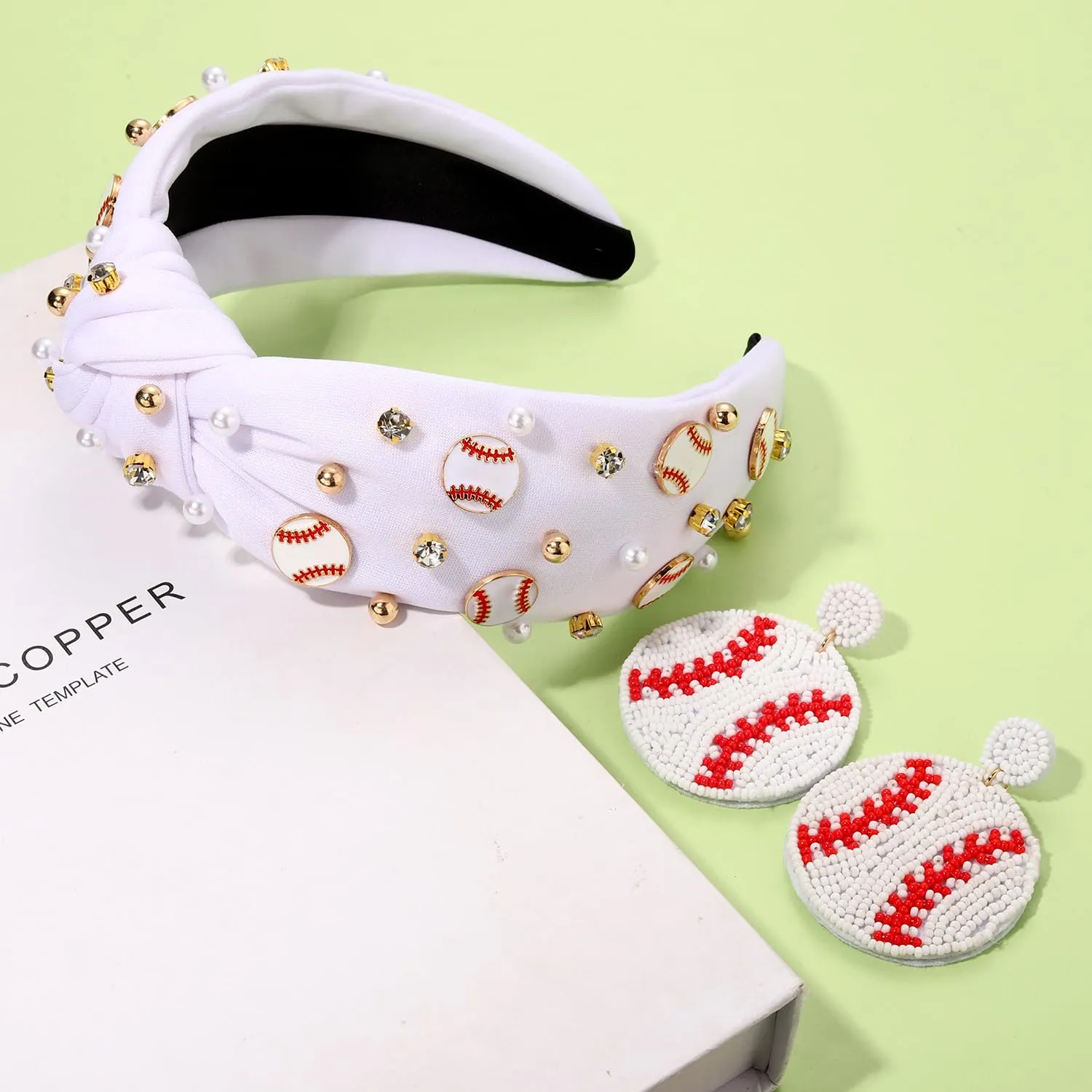 Baseball Headband for Women - Mom Accessories, Enamel Charm Jeweled Rhinestone Knotted Headband for Sports, Game Day Outfits