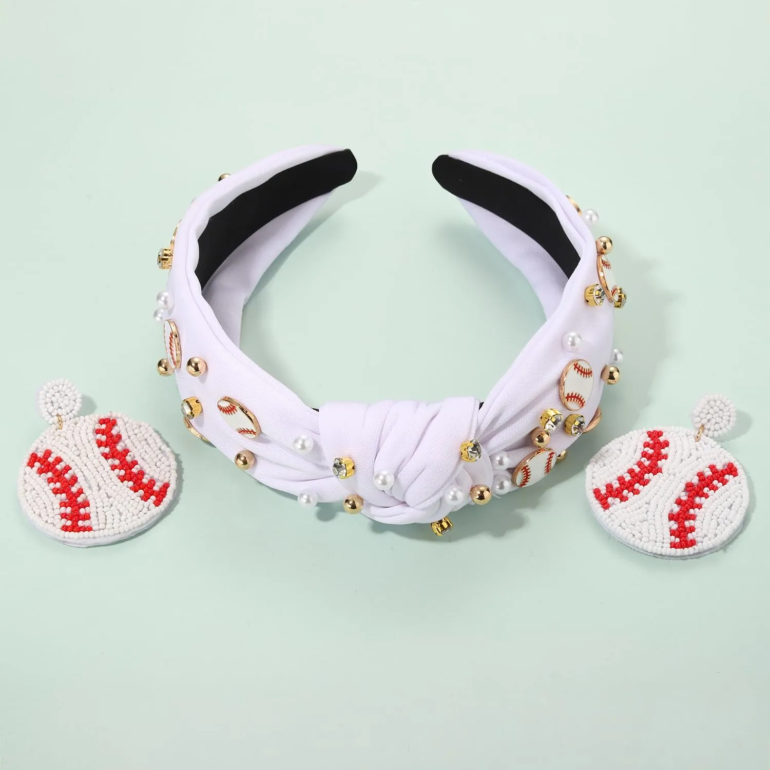 Baseball Headband for Women - Mom Accessories, Enamel Charm Jeweled Rhinestone Knotted Headband for Sports, Game Day Outfits