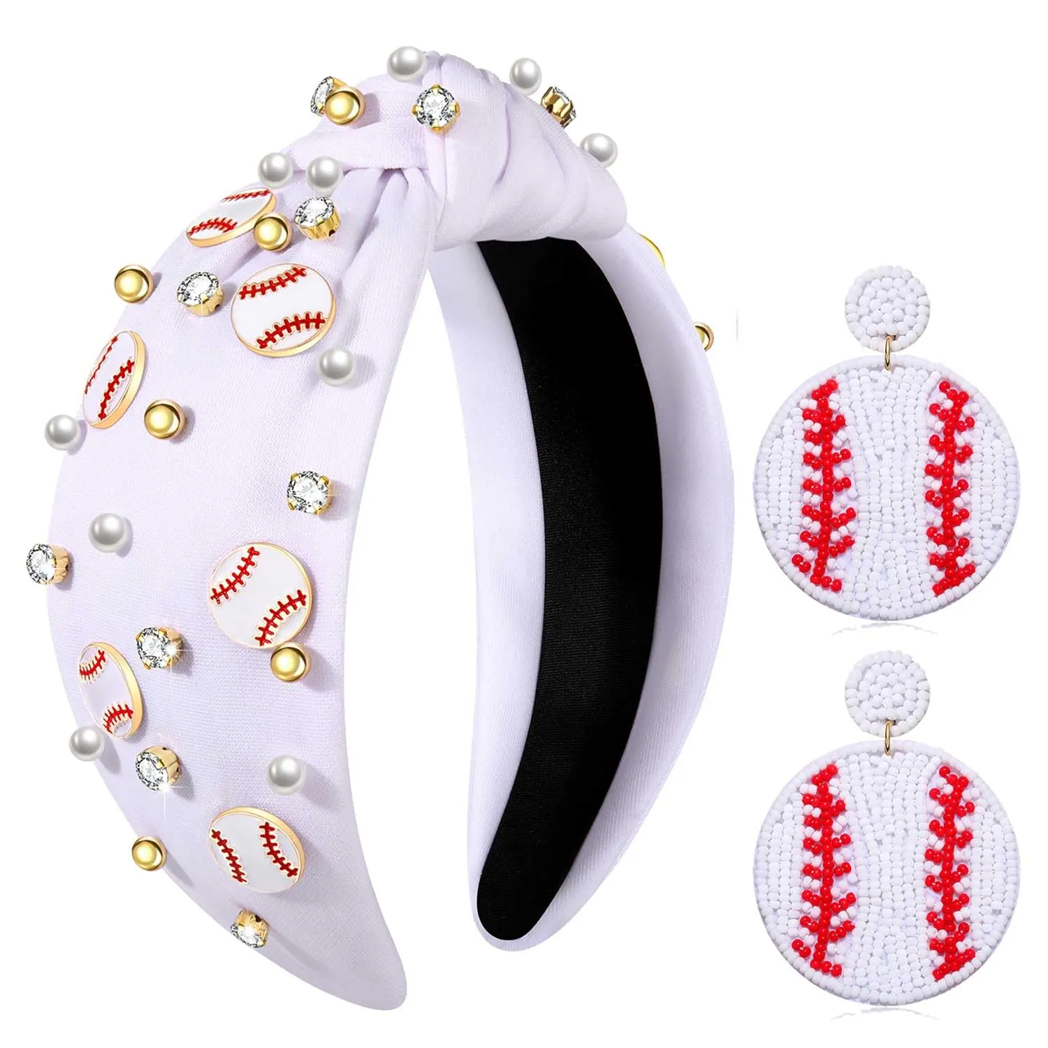 Baseball Headband for Women - Mom Accessories, Enamel Charm Jeweled Rhinestone Knotted Headband for Sports, Game Day Outfits