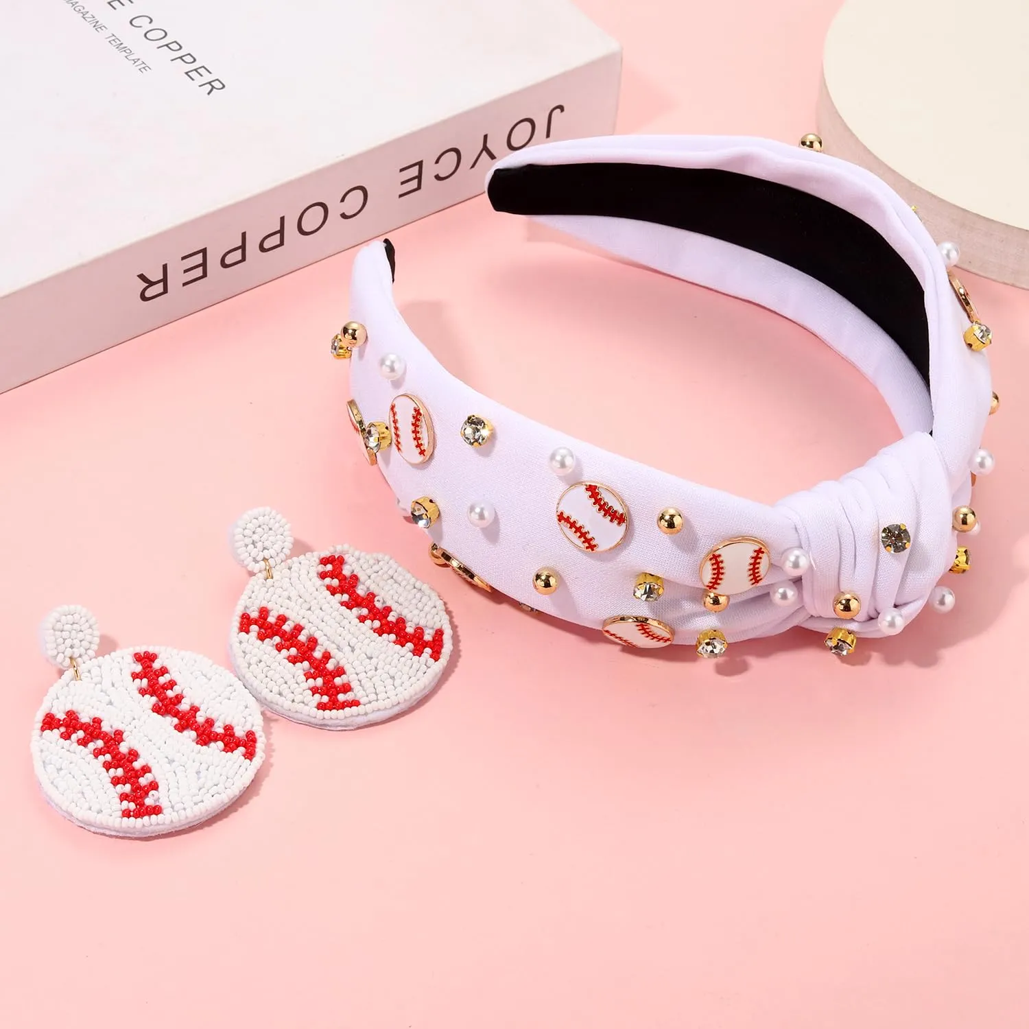 Baseball Headband for Women - Mom Accessories, Enamel Charm Jeweled Rhinestone Knotted Headband for Sports, Game Day Outfits