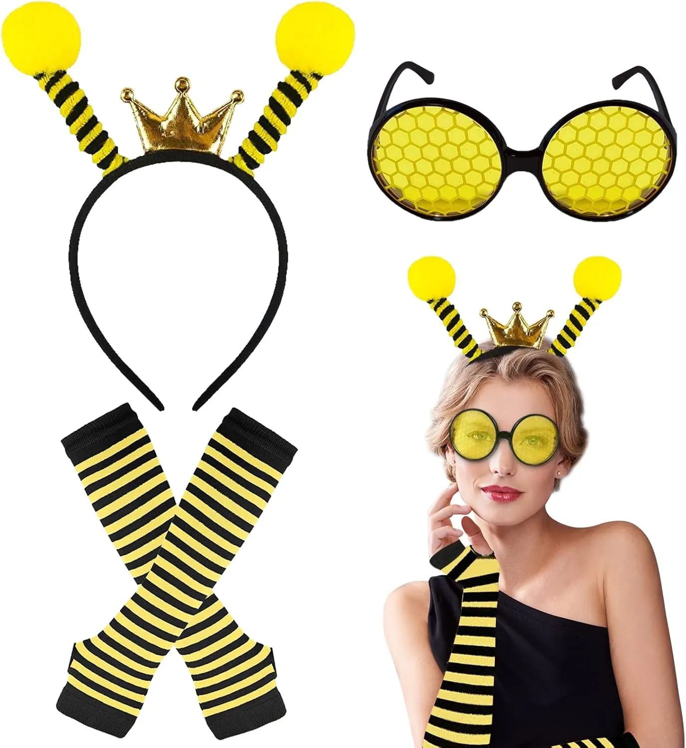 Bee Costume Kit Bee Antenna Headband Bee Sunglasses Stripe Bee Wear Fingerless Gloves for Women Halloween Bee Costume Kit Cosplay Party Favors