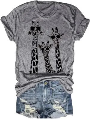 Beopjesk Womens Summer Giraffe Printed T-Shirt Funny Cute Animal Graphic Tees Tops