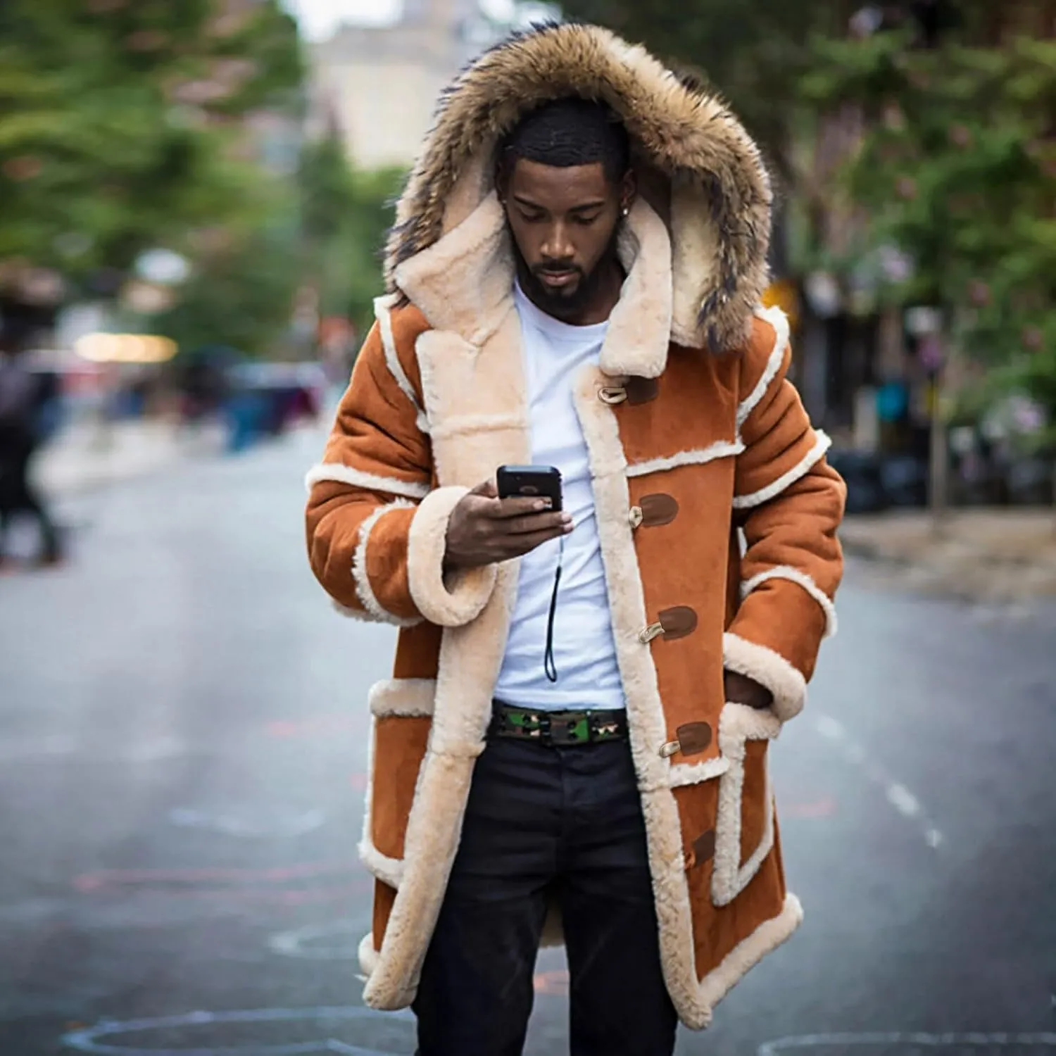 Big and Tall Shearling Coats for Men Sherpa Fleece Lined Sheepskin Leather Jackets Warm Long Trench Coats with Hood