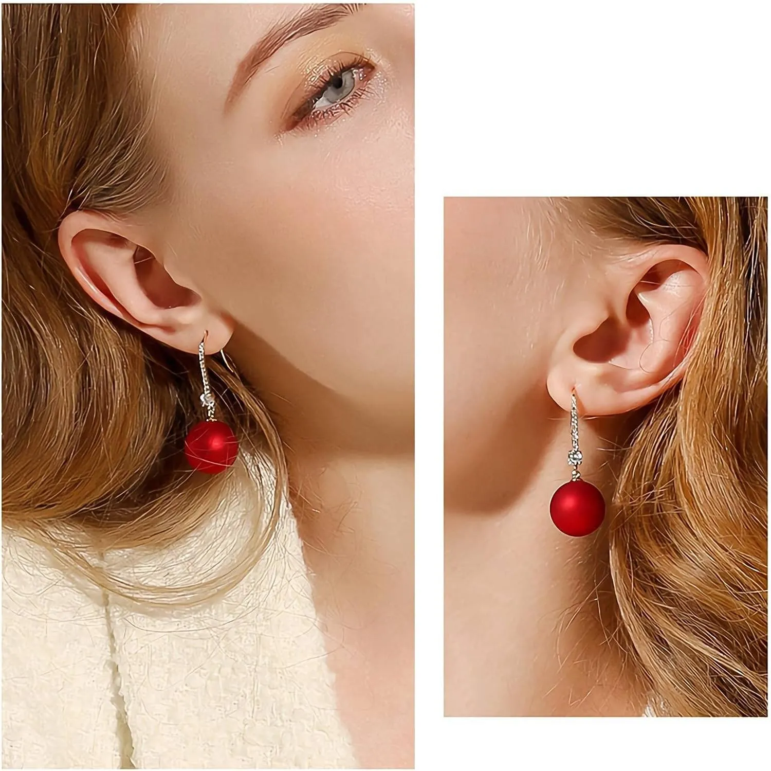 Big Pearls drop dangle Sterling Silver 18k Gold Plated Ear Hook Pearls Earrings for Women Ladies GirlS,Hypoallergenic red,White&Pink Pearls Dangle Drop Earrings with Cubic Zirconia large big Pearls Earrings.(Big Pearls diameter 13-14 mm)