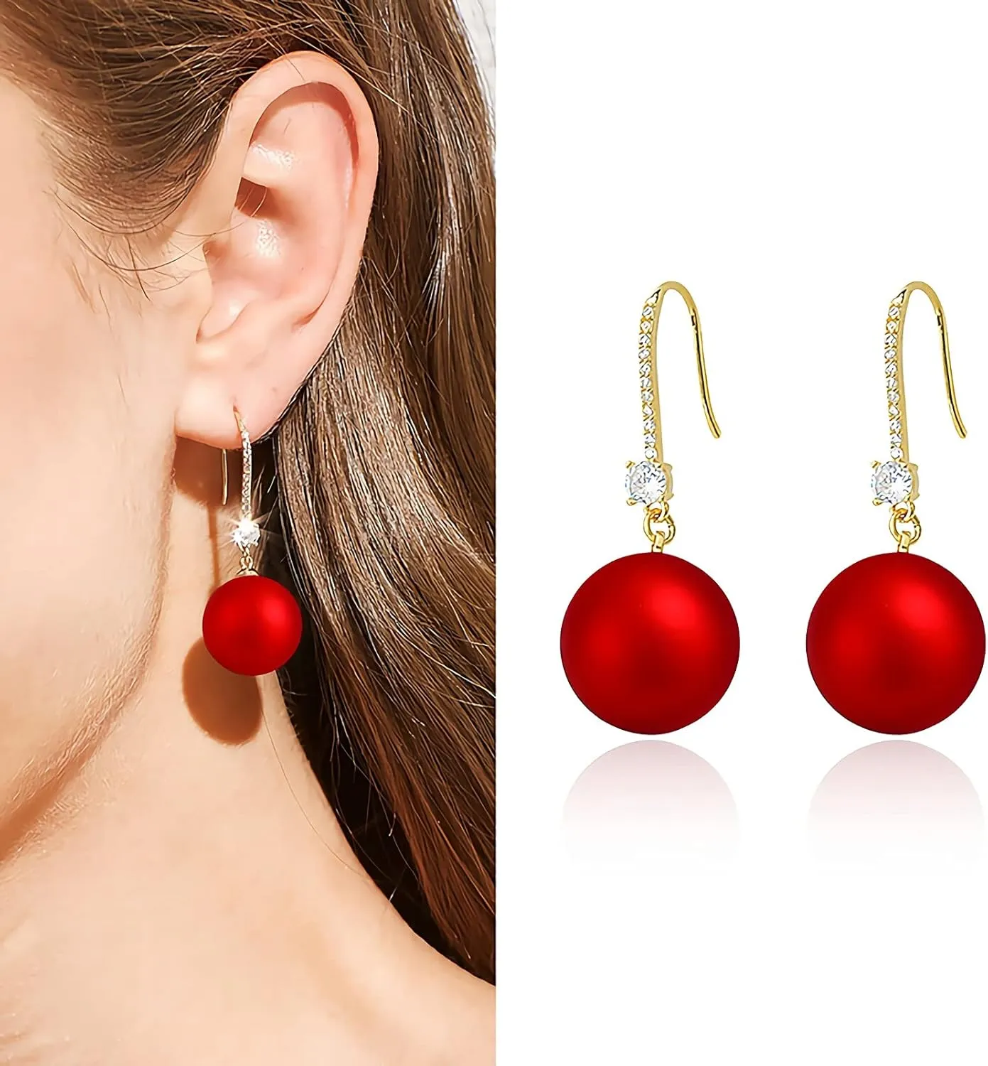 Big Pearls drop dangle Sterling Silver 18k Gold Plated Ear Hook Pearls Earrings for Women Ladies GirlS,Hypoallergenic red,White&Pink Pearls Dangle Drop Earrings with Cubic Zirconia large big Pearls Earrings.(Big Pearls diameter 13-14 mm)