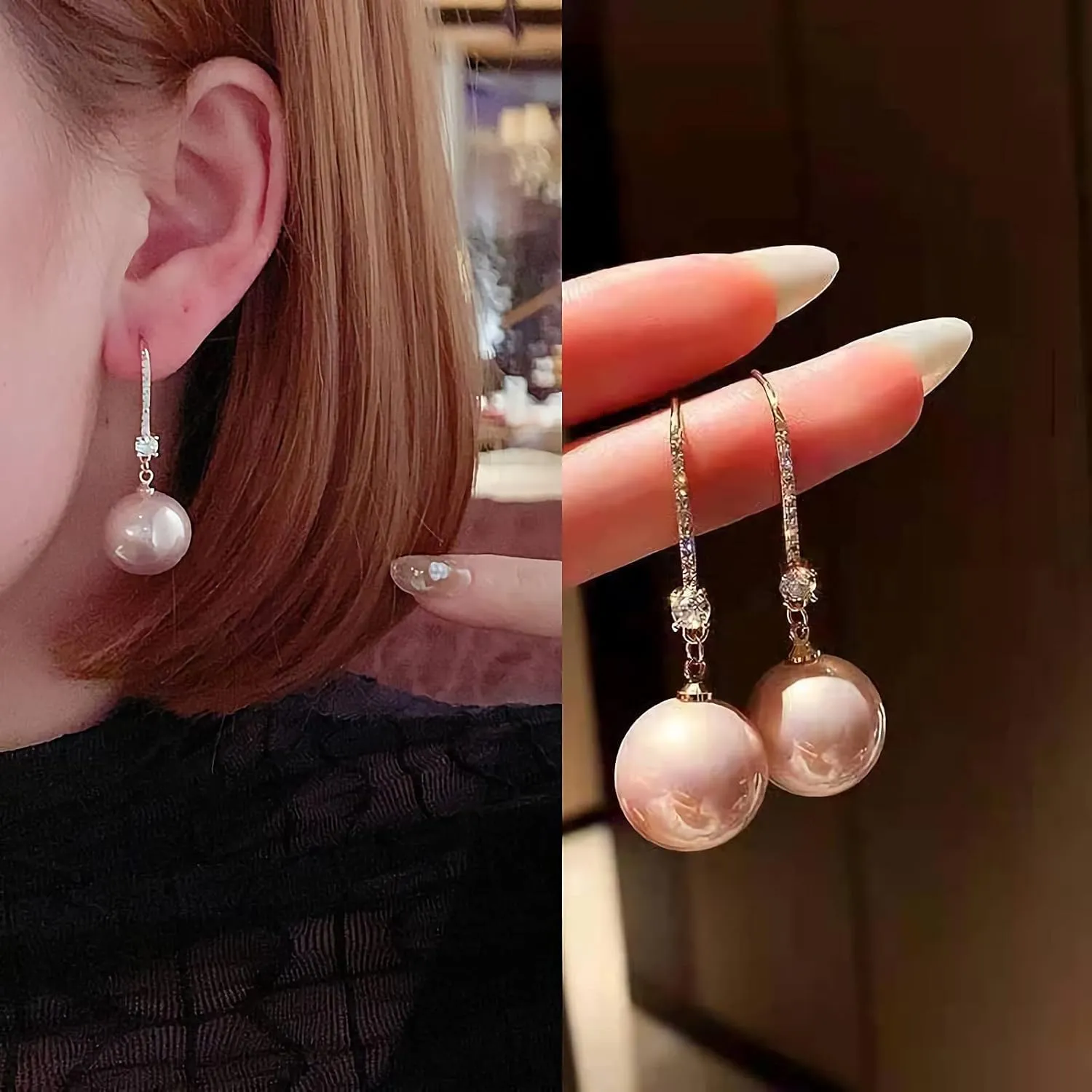 Big Pearls drop dangle Sterling Silver 18k Gold Plated Ear Hook Pearls Earrings for Women Ladies GirlS,Hypoallergenic red,White&Pink Pearls Dangle Drop Earrings with Cubic Zirconia large big Pearls Earrings.(Big Pearls diameter 13-14 mm)