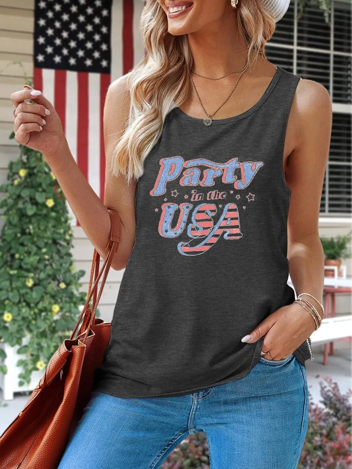 Binshre USA Flag Print Tank Tops Women American Stars Stripes Patriotic T Shirt Summer Casual Vest Tees