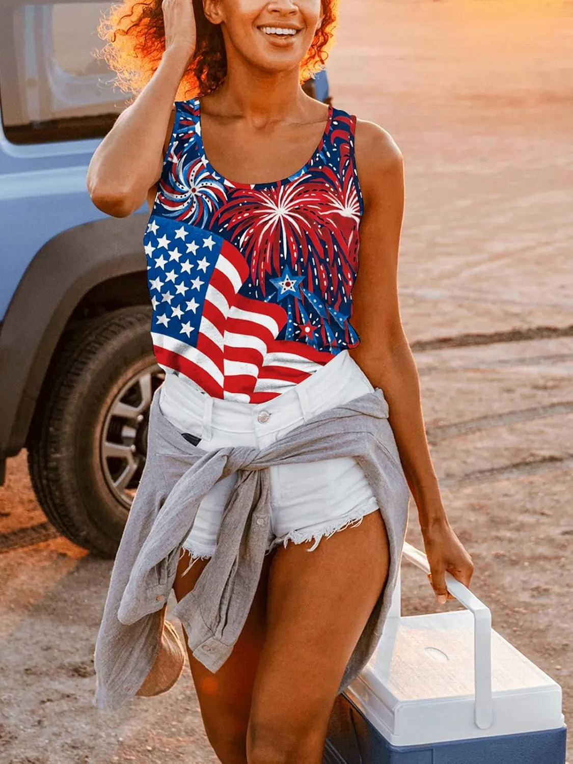 Binshre USA Flag Print Tank Tops Women American Stars Stripes Patriotic T Shirt Summer Casual Vest Tees