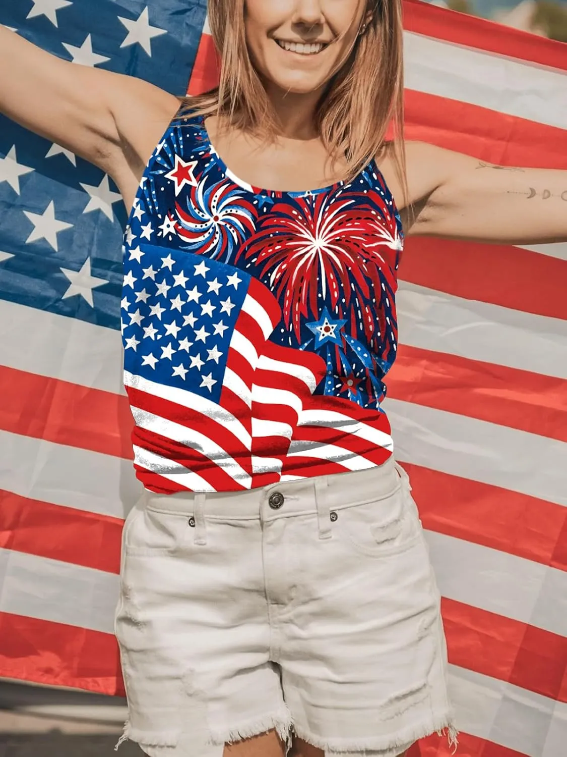 Binshre USA Flag Print Tank Tops Women American Stars Stripes Patriotic T Shirt Summer Casual Vest Tees