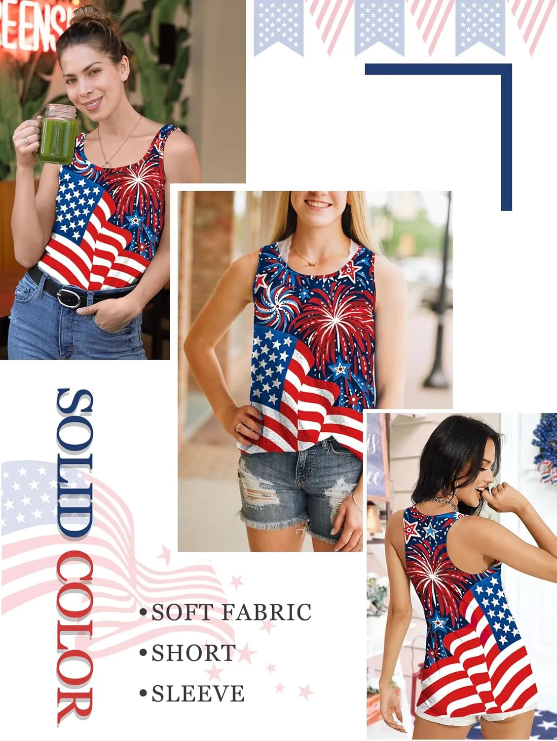Binshre USA Flag Print Tank Tops Women American Stars Stripes Patriotic T Shirt Summer Casual Vest Tees