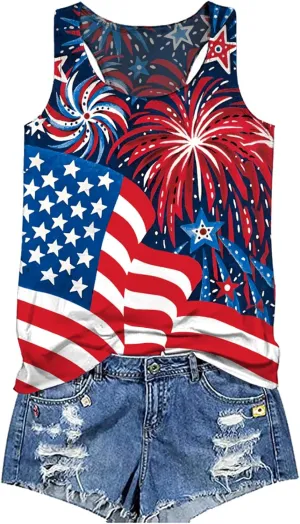 Binshre USA Flag Print Tank Tops Women American Stars Stripes Patriotic T Shirt Summer Casual Vest Tees