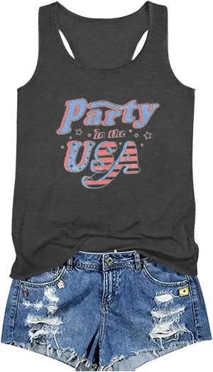 Binshre USA Flag Print Tank Tops Women American Stars Stripes Patriotic T Shirt Summer Casual Vest Tees