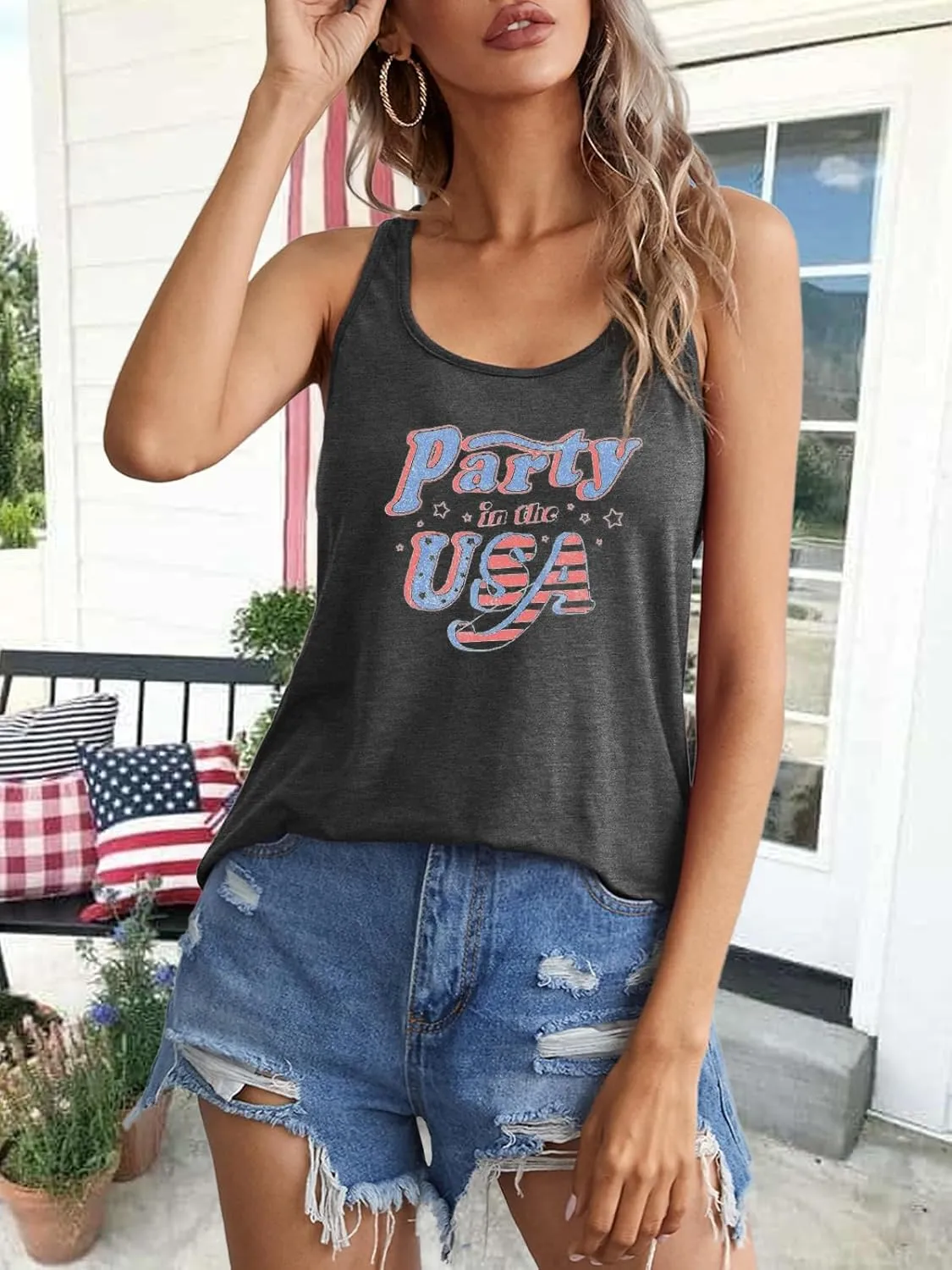 Binshre USA Flag Print Tank Tops Women American Stars Stripes Patriotic T Shirt Summer Casual Vest Tees