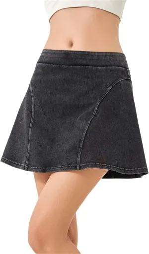 BloomySkorts Jean Skorts, Womens Denim Mini Trendy High Waisted Jean Skirts, Soft High Elastic A-Line Skirt Anti Exposure