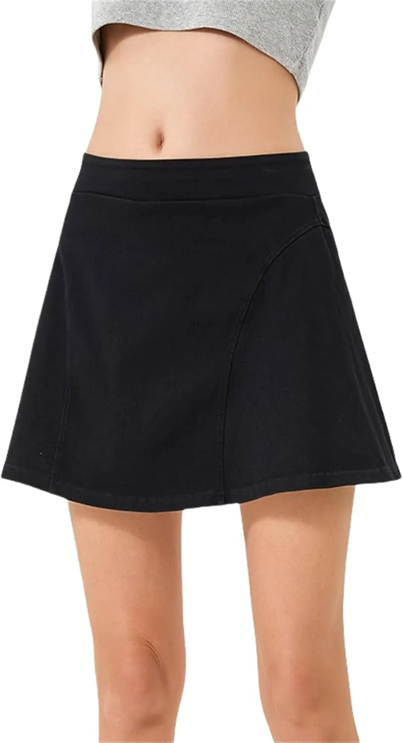BloomySkorts Jean Skorts, Womens Denim Mini Trendy High Waisted Jean Skirts, Soft High Elastic A-Line Skirt Anti Exposure