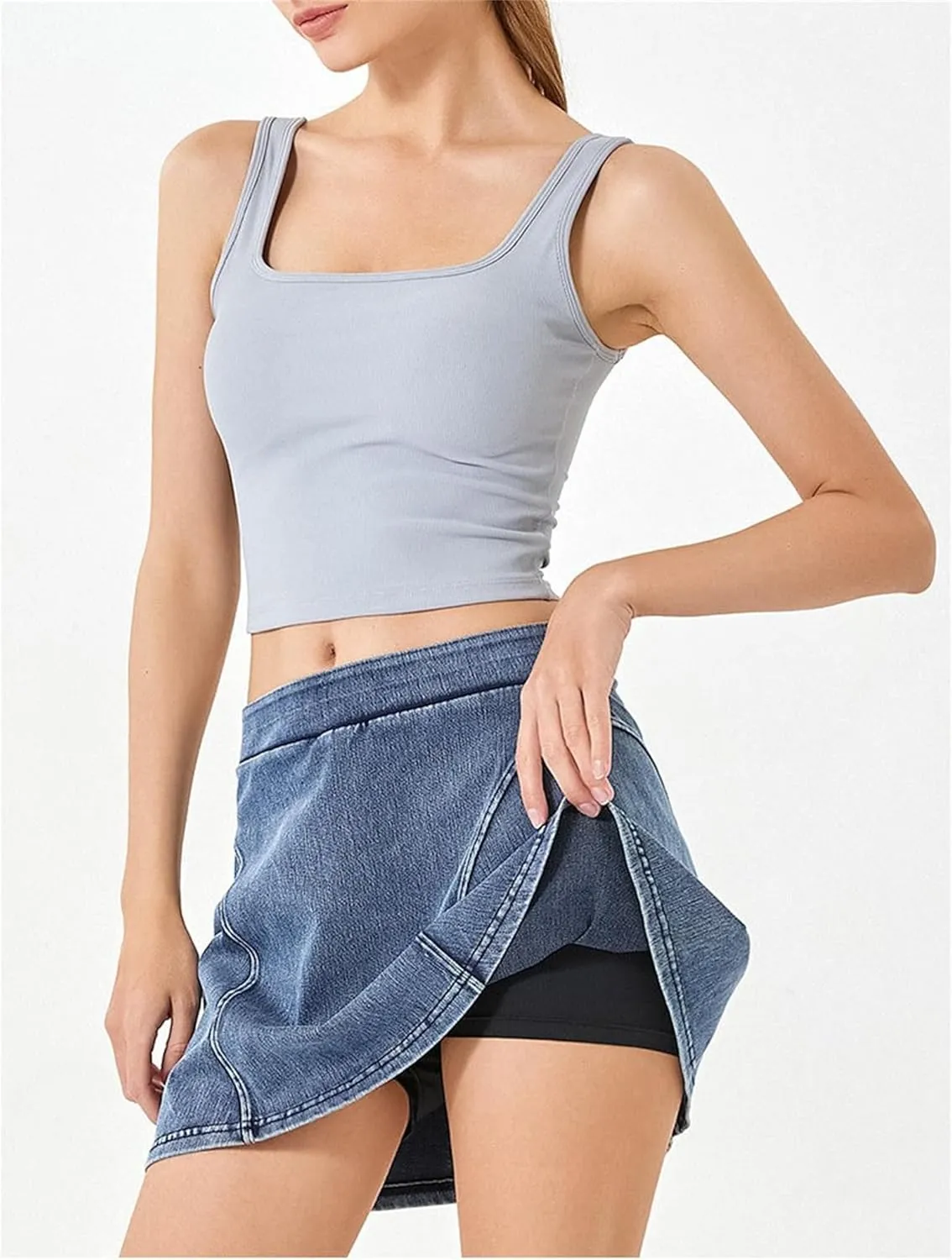 BloomySkorts Jean Skorts, Womens Denim Mini Trendy High Waisted Jean Skirts, Soft High Elastic A-Line Skirt Anti Exposure