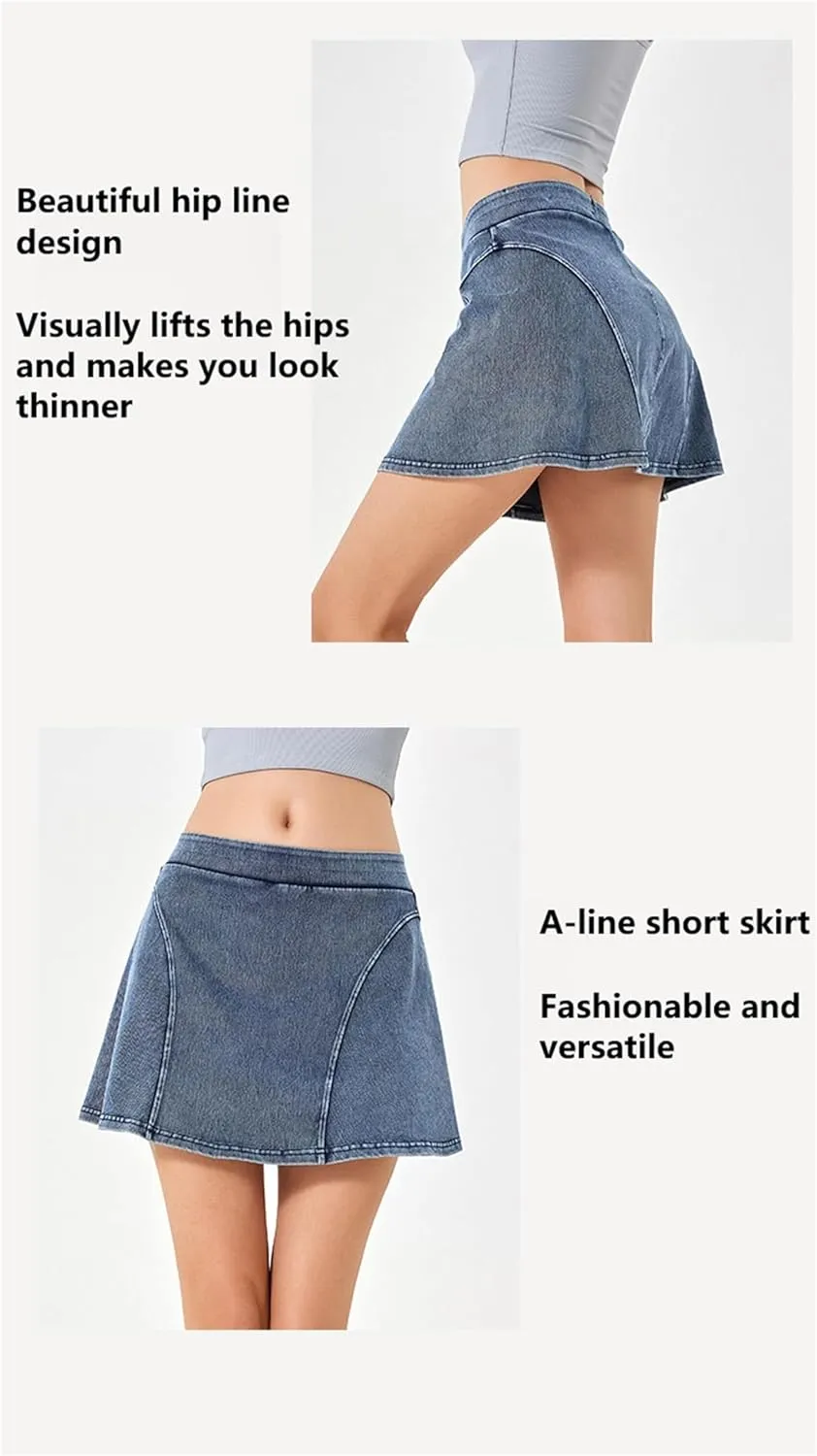 BloomySkorts Jean Skorts, Womens Denim Mini Trendy High Waisted Jean Skirts, Soft High Elastic A-Line Skirt Anti Exposure