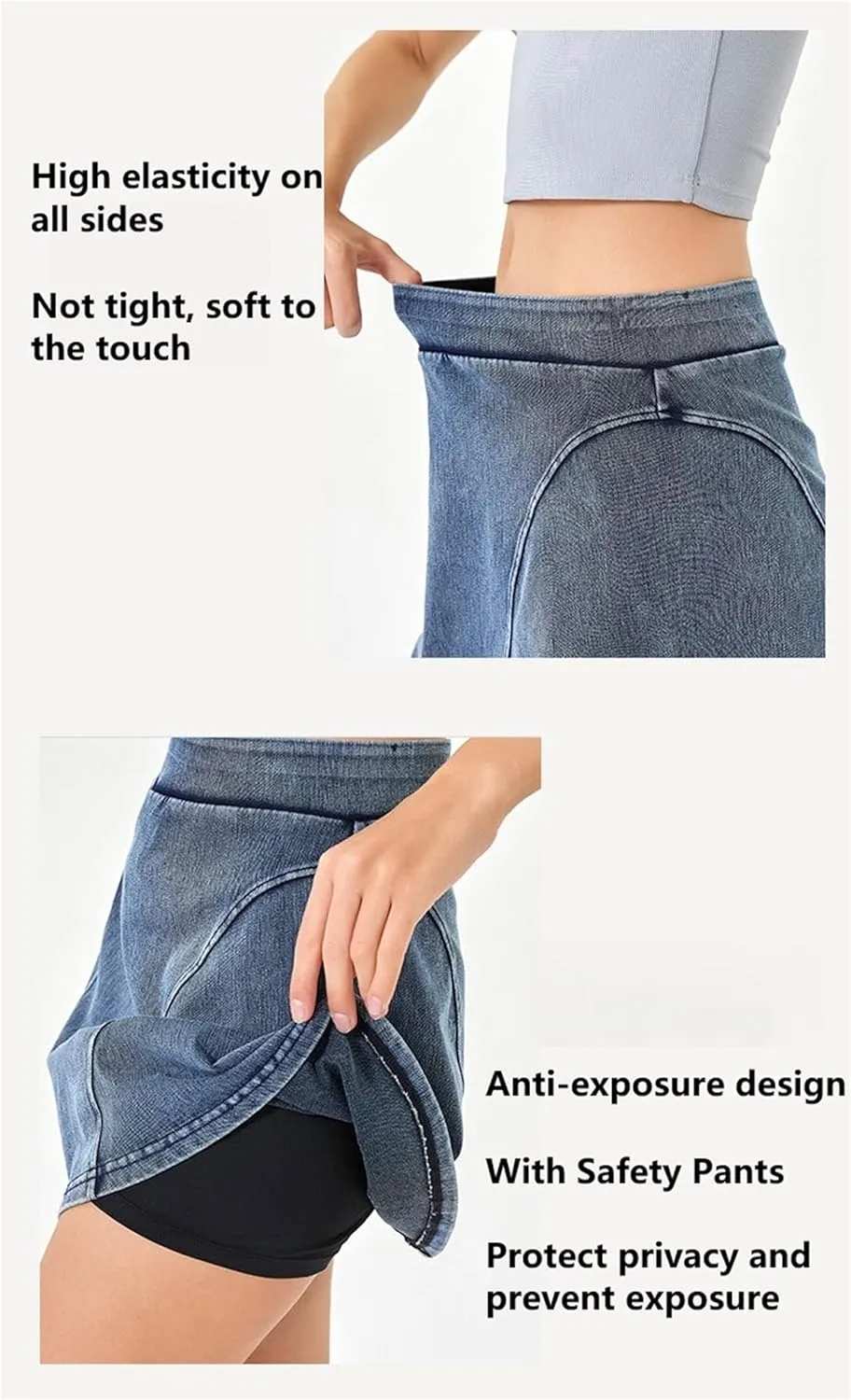 BloomySkorts Jean Skorts, Womens Denim Mini Trendy High Waisted Jean Skirts, Soft High Elastic A-Line Skirt Anti Exposure