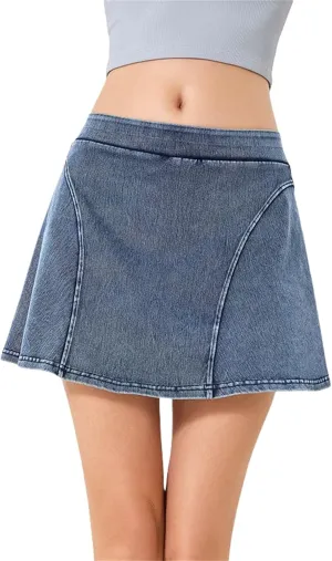 BloomySkorts Jean Skorts, Womens Denim Mini Trendy High Waisted Jean Skirts, Soft High Elastic A-Line Skirt Anti Exposure
