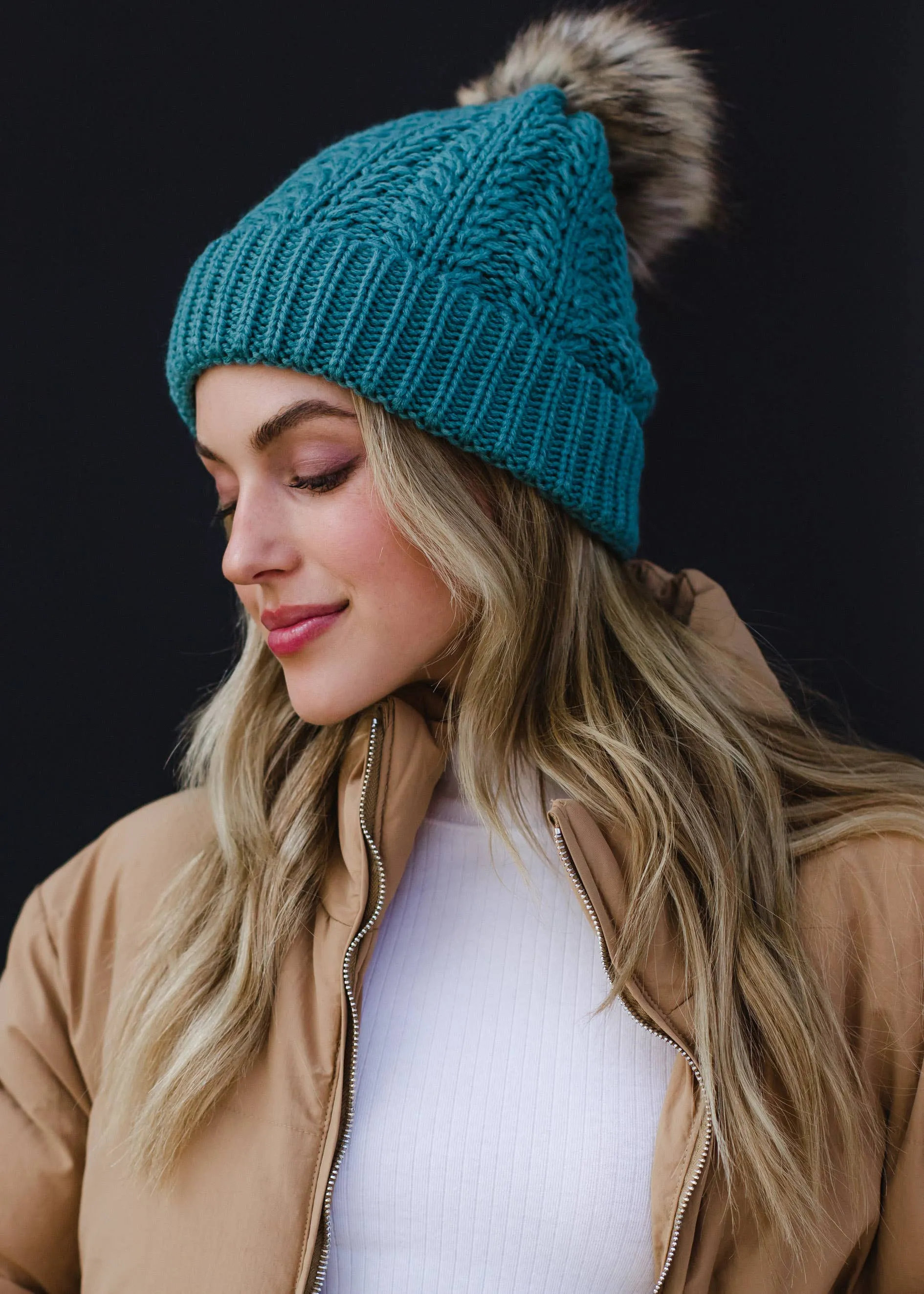 Blue Cable Knit Pom Hat