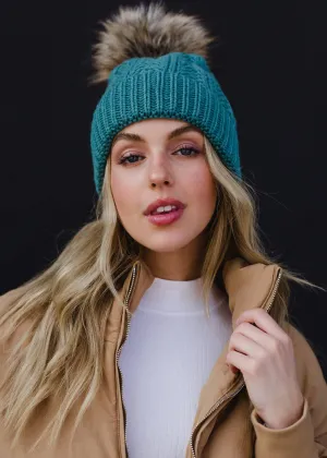 Blue Cable Knit Pom Hat