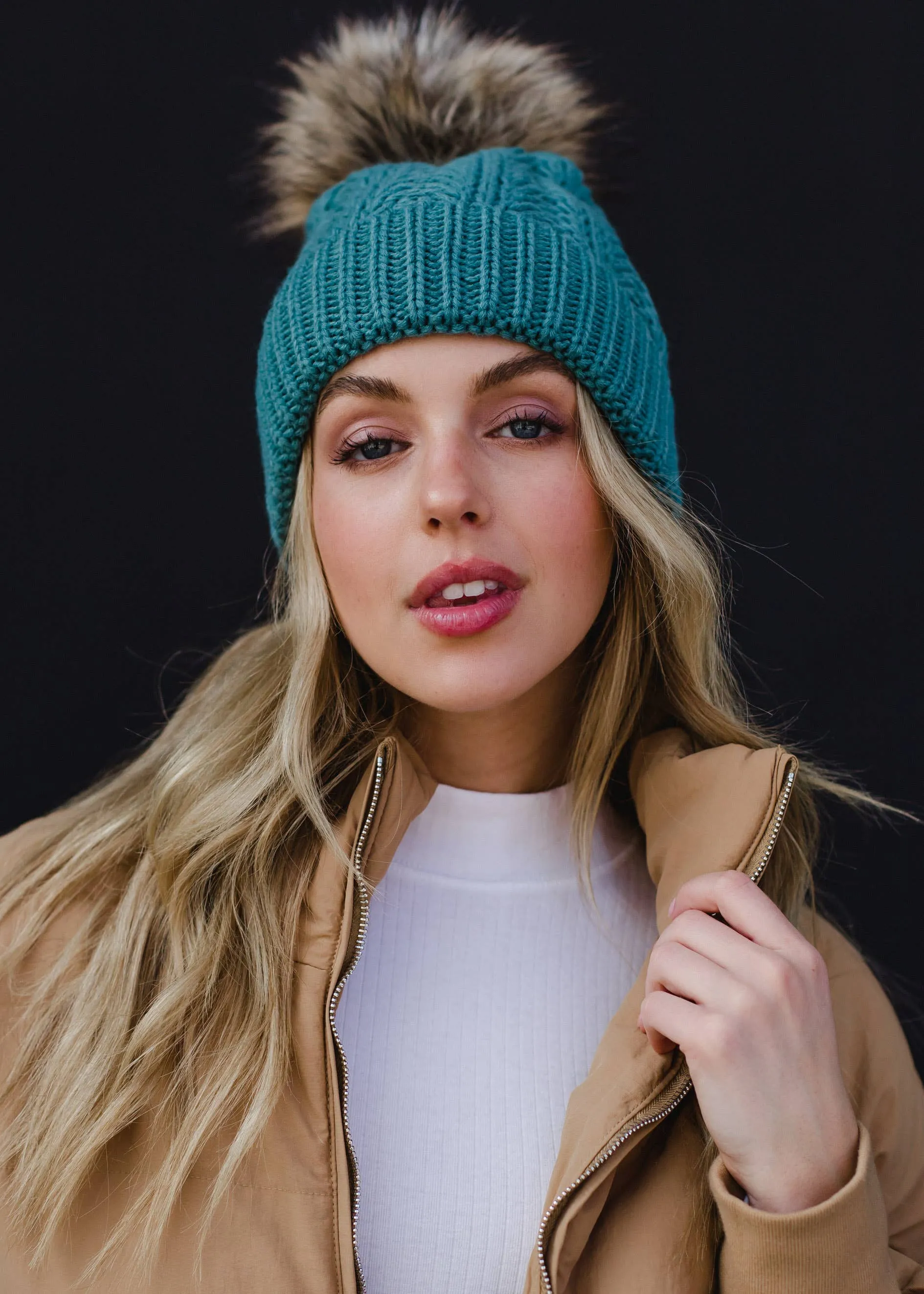 Blue Cable Knit Pom Hat